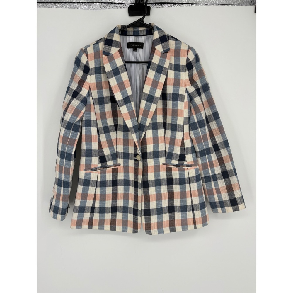 Talbots Blazer Womens 8 Multi Plaid Cotton Blend Single Button Jacket Preppy